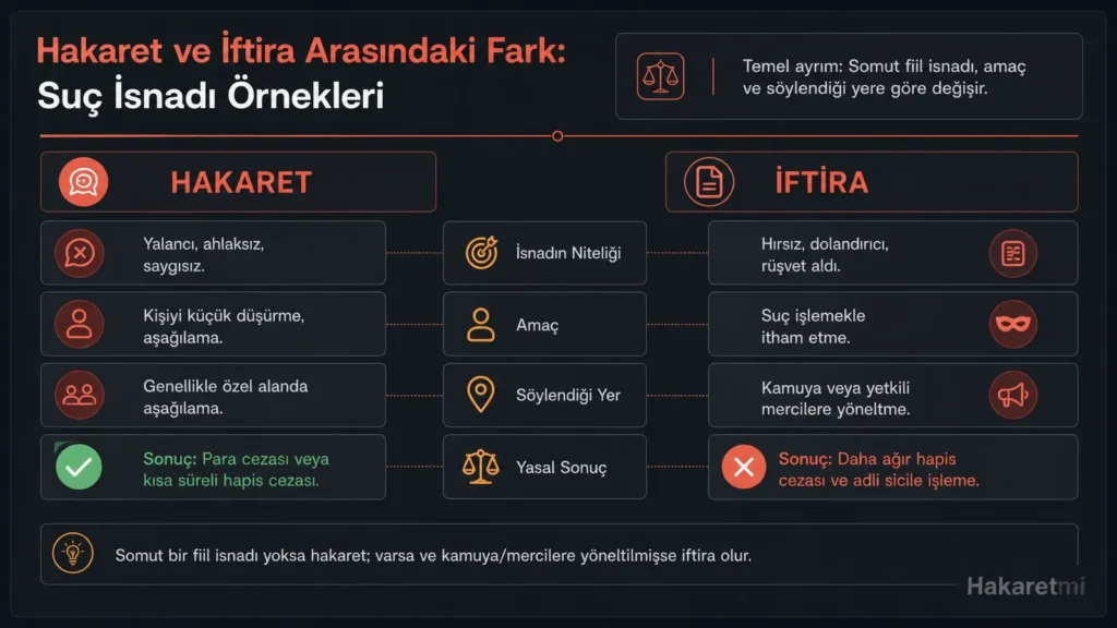 Bir mahkeme salonunda adaleti simgeleyen terazi ve tokmak, hakaret ve iftira arasındaki fark konusunu işliyor.